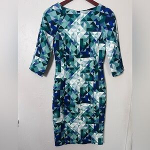 H&M 3/4 Sleeve Dress in Blue and Green Geometric Pattern Size 4